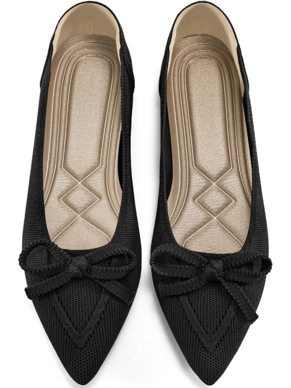 Women's Black Ballet Flats Pointed Toe Bow Knit Comfortable Slip On Casual Shoes